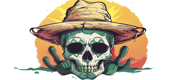 A vibrant, artistic depiction of a skull adorned with a straw hat, surrounded by cacti against a sunset backdrop.UV Transfers heat press transfers