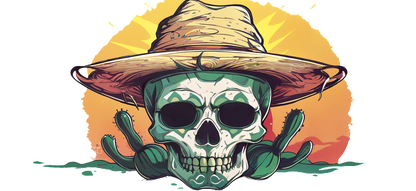 A vibrant, artistic depiction of a skull adorned with a straw hat, surrounded by cacti against a sunset backdrop.UV Transfers heat press transfers