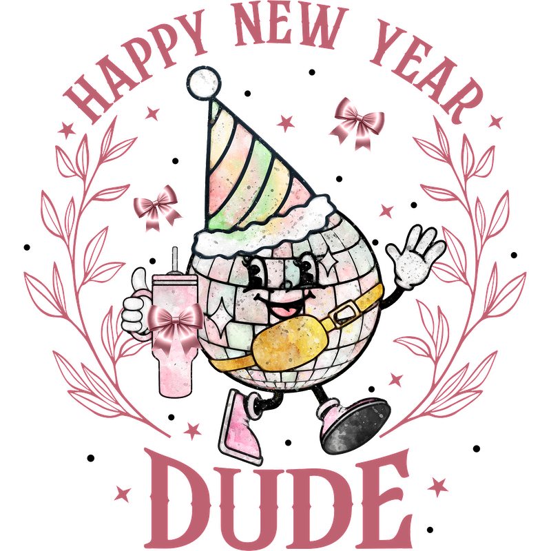 Celebrate the New Year with this cute disco ball character, complete with a festive hat and drink, spreading joy!DTF Transfers dtf transfers