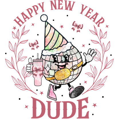 Celebrate the New Year with this cute disco ball character, complete with a festive hat and drink, spreading joy!DTF Transfers dtf transfers