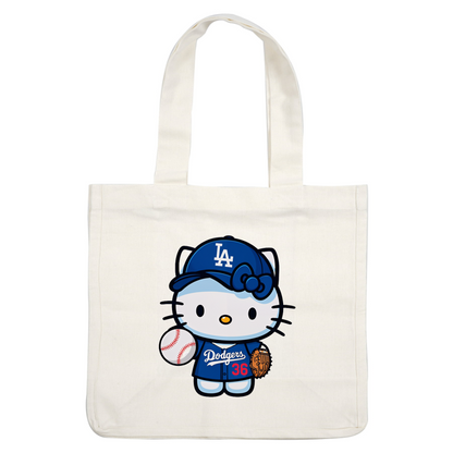 Hello Kitty is dressed in a blue Los Angeles Dodgers uniform, holding a baseball and glove, ready for a fun game!DTF Transfers dtf prints