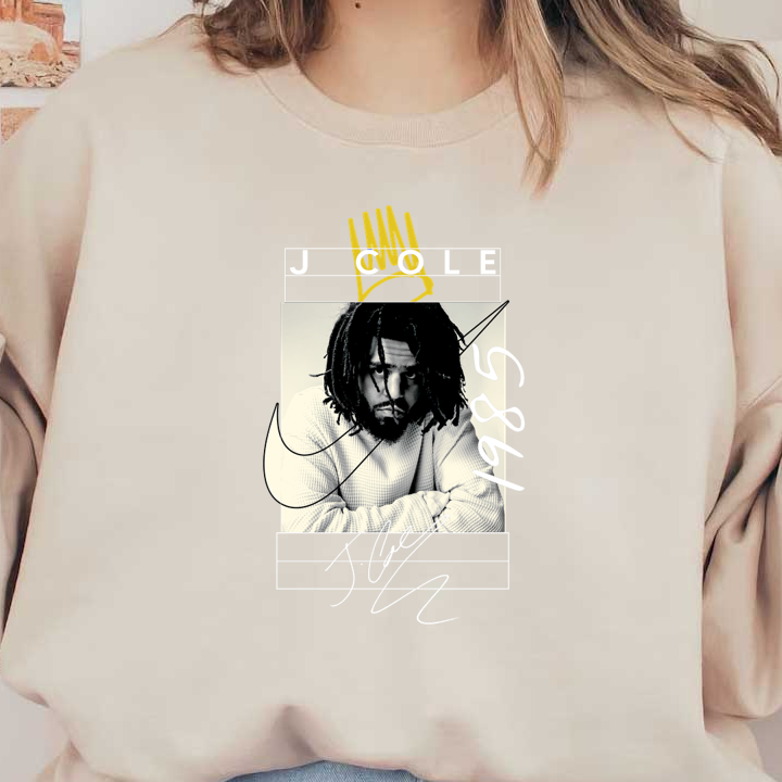 A striking graphic of J. Cole featuring a black and white portrait, vibrant yellow crown, and stylish text elements.DTF Transfers heat press transfers