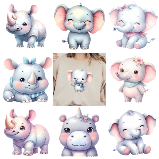 Cute elephant and rhino temporary tattoo with different accessories.DTF Transfers