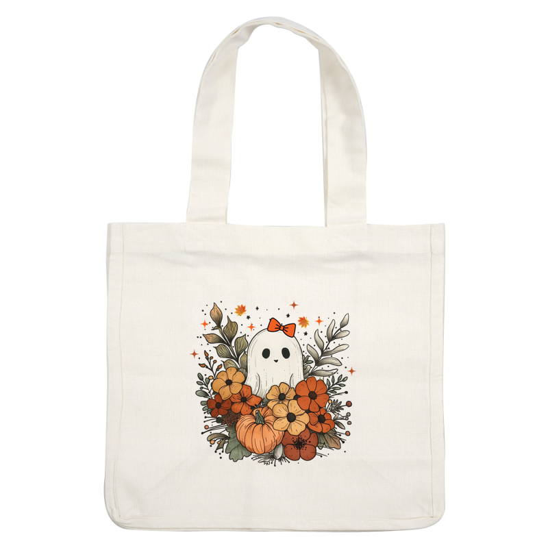 A cute ghost adorned with a bright bow, surrounded by vibrant autumn flowers and a pumpkin, captures a festive fall spirit. dtf prints