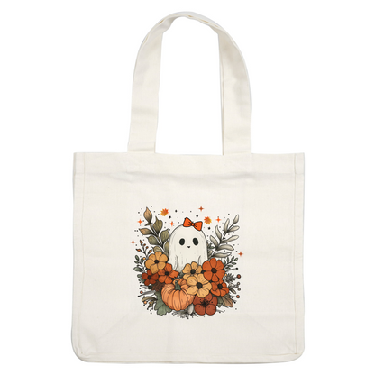 A cute ghost adorned with a bright bow, surrounded by vibrant autumn flowers and a pumpkin, captures a festive fall spirit. dtf prints