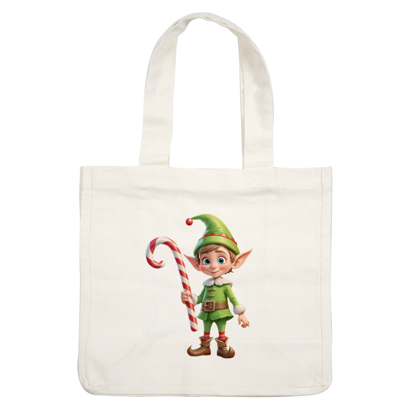 A cheerful cartoon elf in a green outfit holds a striped candy cane, ready to spread holiday joy!DTF Transfersdtf regular iron