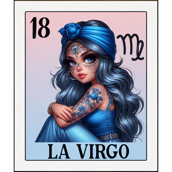 Una encantadora ilustración de una niña con cabello azul, adornada con un traje azul con intrincados tatuajes, que representa a Virgo.