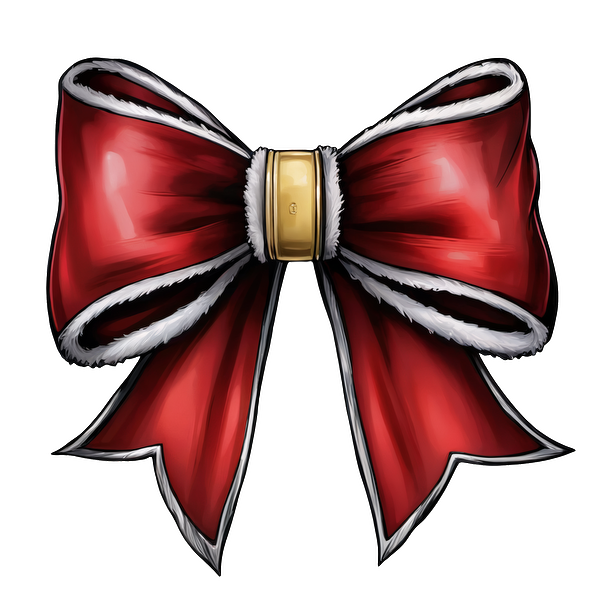 A festive red bow with white trim and a gold center, perfect for holiday decorations or gift wrapping. dtf prints