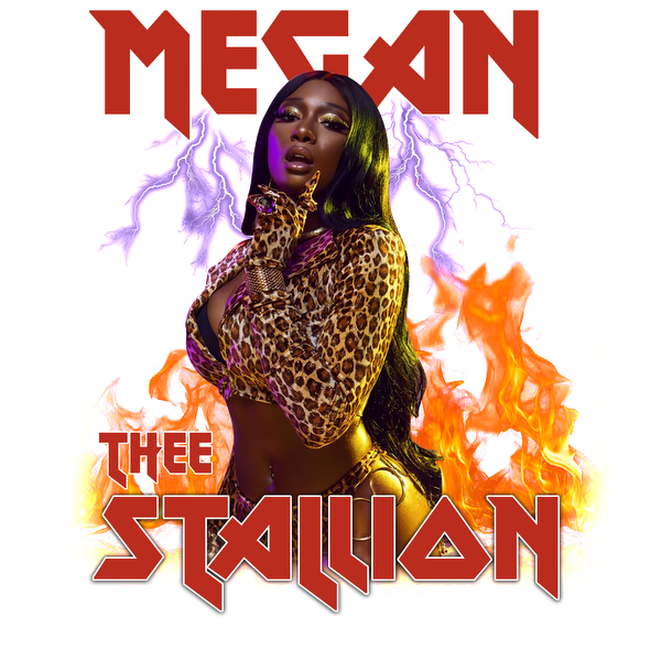 Megan Thee Stallion strikes a fierce pose in a leopard print outfit, surrounded by vibrant flames and electric effects.DTF Transfers dtf prints