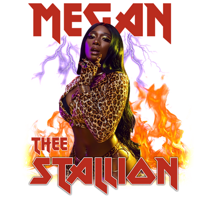 Megan Thee Stallion strikes a fierce pose in a leopard print outfit, surrounded by vibrant flames and electric effects.DTF Transfers dtf prints