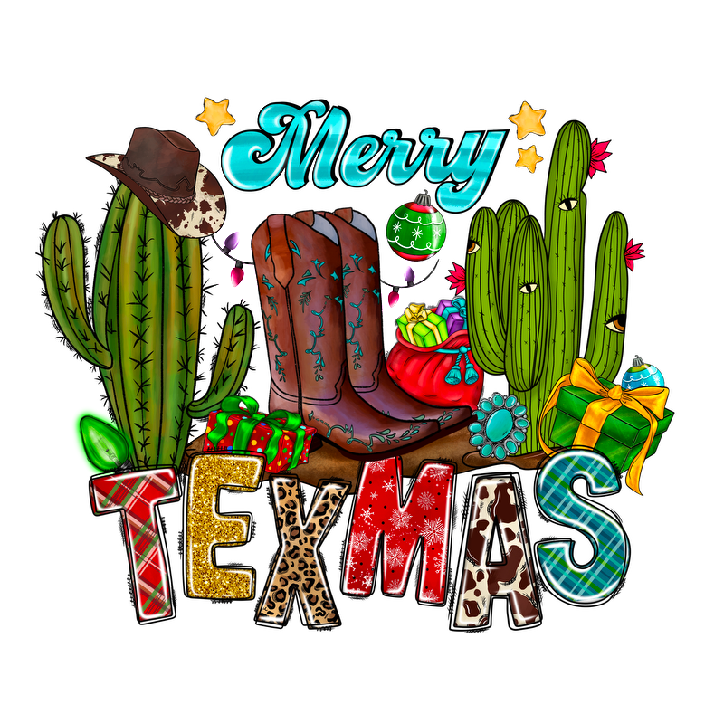 Celebrate the festive season with this colorful "Merry TEXMAS" design featuring cowboy boots, cacti, gifts, and holiday ornaments!DTF Transfers dtf transfersdtf regular iron