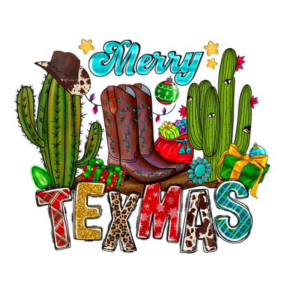 Celebrate the festive season with this colorful "Merry TEXMAS" design featuring cowboy boots, cacti, gifts, and holiday ornaments!DTF Transfers dtf transfersdtf regular iron