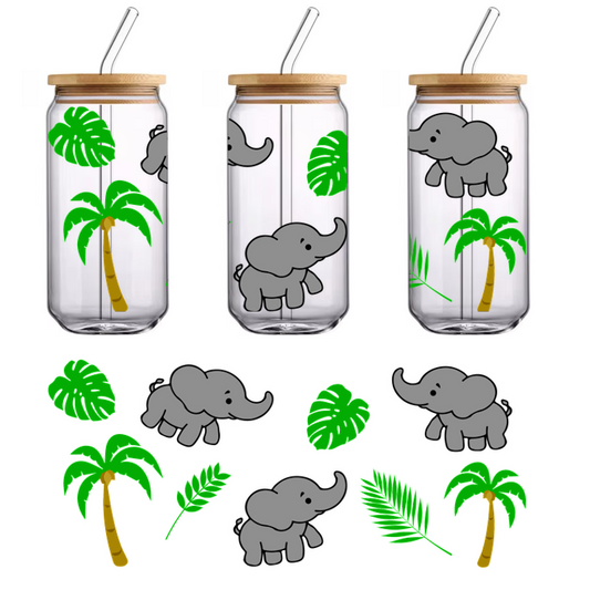 Adorable cartoon elephants playfully interacting amidst tropical greenery, including palm trees and vibrant leaves, perfect for a cheerful jungle theme.UV Transfersdtf regular iron