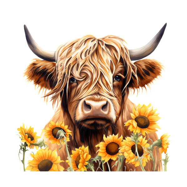 Una encantadora vaca de las Highlands rodeada de vibrantes girasoles, que muestra su esponjoso pelaje dorado y su expresión gentil.