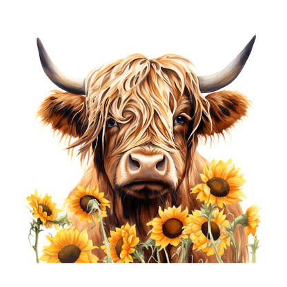 Una encantadora vaca de las Highlands rodeada de vibrantes girasoles, que muestra su esponjoso pelaje dorado y su expresión gentil.