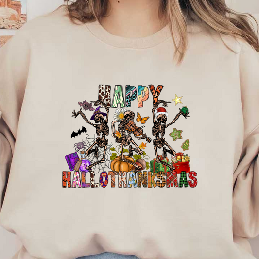 A whimsical and festive design featuring dancing skeletons celebrating Halloween, Thanksgiving, and Christmas with vibrant decorations and gifts.DTF Transfers dtf prints