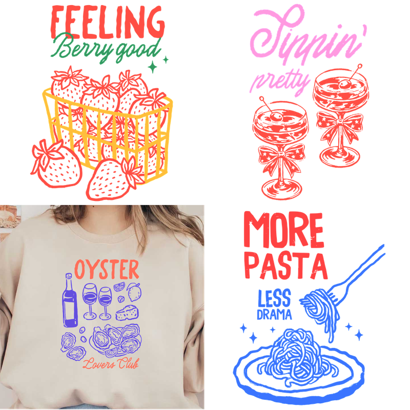 Fun and playful graphic sweatshirt featuring food and drink-themed illustrations.DTF Transfers