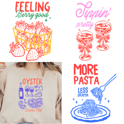 Fun and playful graphic sweatshirt featuring food and drink-themed illustrations.DTF Transfers