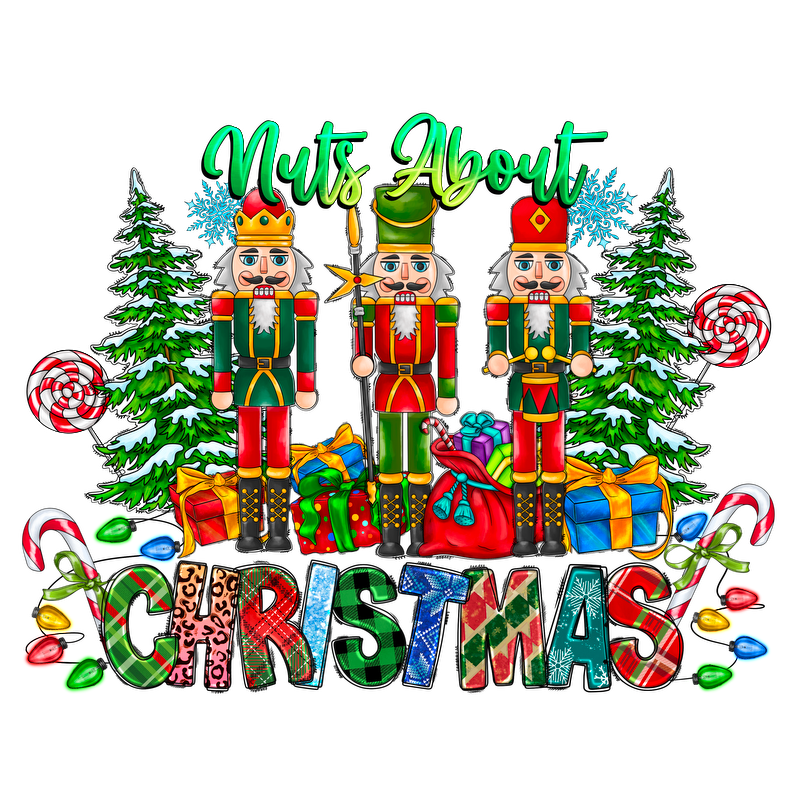 Celebrate the holiday spirit with this vibrant "Nuts About Christmas" design featuring festive nutcrackers, colorful gifts, and cheerful decorations.DTF Transfers heat press transfersdtf regular iron