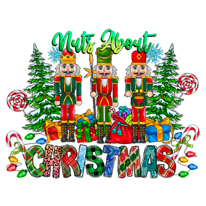 Celebrate the holiday spirit with this vibrant "Nuts About Christmas" design featuring festive nutcrackers, colorful gifts, and cheerful decorations.DTF Transfers heat press transfersdtf regular iron