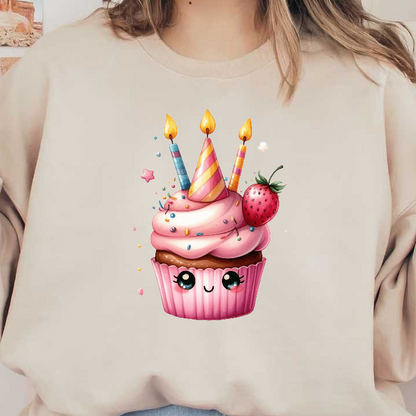 A cheerful cupcake topped with pink frosting, colorful sprinkles, and three birthday candles, accompanied by a fresh strawberry.DTF Transfers