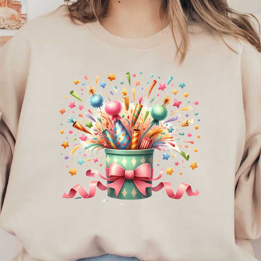 A colorful party popper overflowing with confetti, festive hats, and playful decorations, all tied up with a pink bow.DTF Transfers