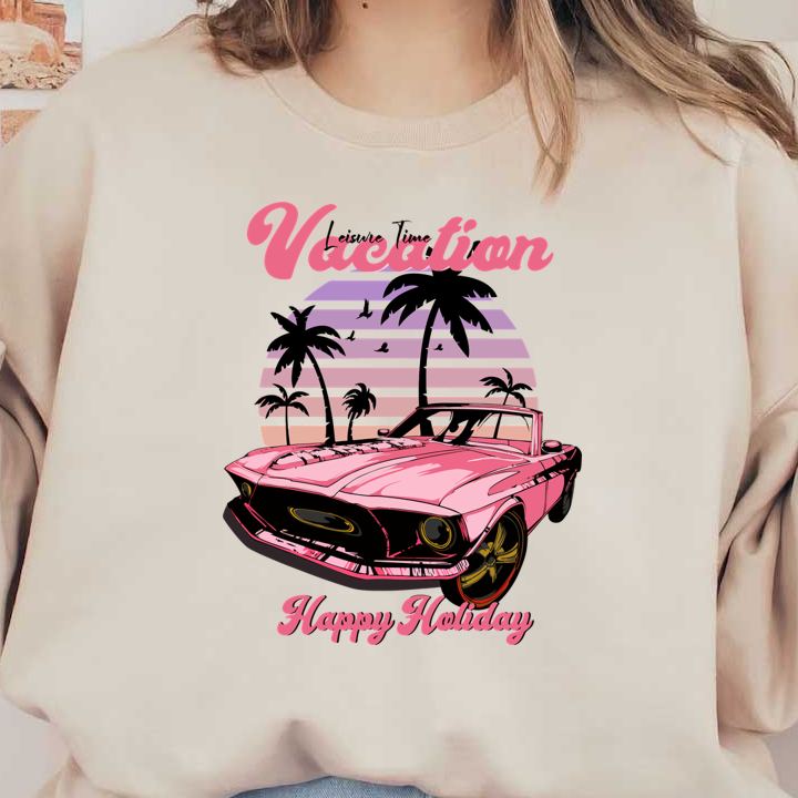 Un gráfico vibrante que presenta un automóvil rosa retro y palmeras, que celebra el ambiente de vacaciones y felices fiestas.