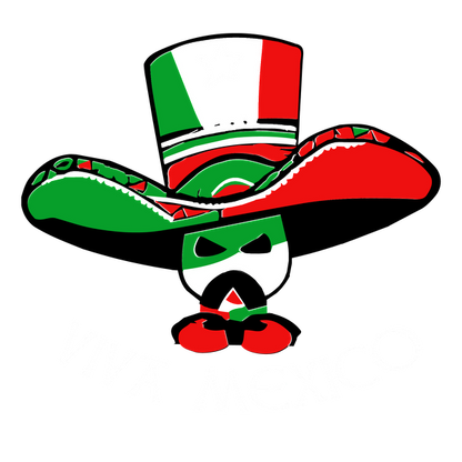 A vibrant graphic featuring a character in a large sombrero, celebrating Mexican pride with the text "Viva Mexico."dtf regular iron