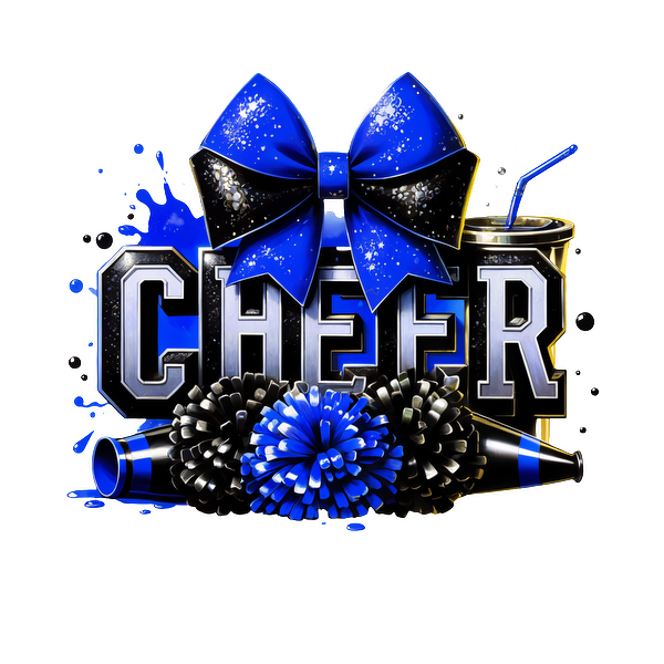 Celebrate in style with this vibrant "CHEER" graphic featuring a festive blue bow, pom-poms, and decorative elements!DTF Transfers dtf prints