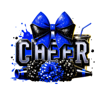 Celebrate in style with this vibrant "CHEER" graphic featuring a festive blue bow, pom-poms, and decorative elements!DTF Transfers dtf prints