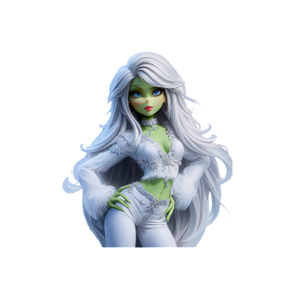 A stylish fantasy doll featuring long white hair, green skin, and a chic outfit adorned with intricate details.DTF Transfersdtf regular iron