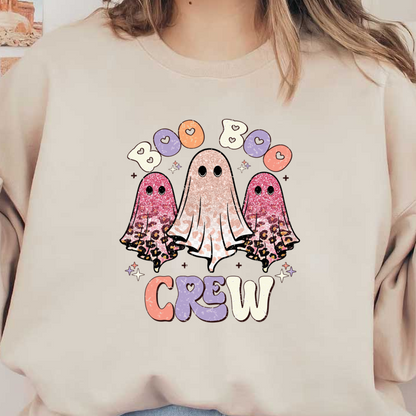 Cheerful graphic featuring three glittery, colorful ghosts with the playful text "Boo Boo Crew," perfect for Halloween vibes!dtf regular iron