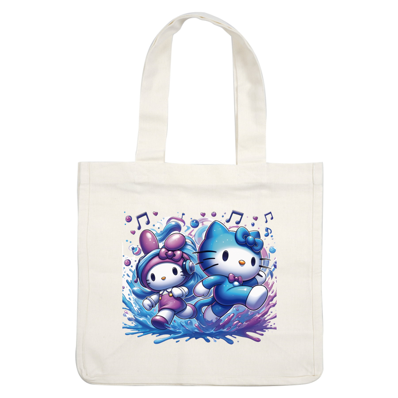 Hello Kitty and her friend are joyfully splashing through water, surrounded by musical notes, in vibrant, colorful outfits.DTF Transfersdtf regular iron dtf transfers