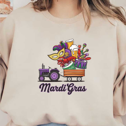 A vibrant Mardi Gras-themed illustration featuring a purple tractor pulling a colorful wagon filled with festive items and decorations.DTF Transfers