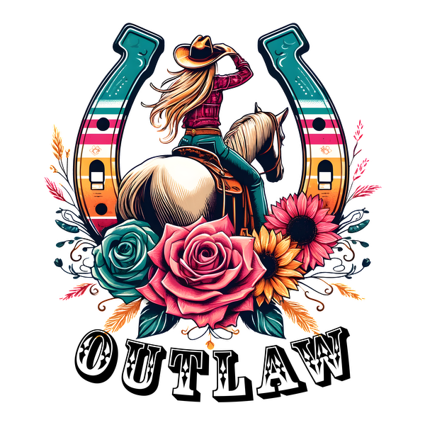 Una ilustración vibrante que presenta a un jinete con sombrero de vaquero sobre un caballo, rodeado de flores de colores y herraduras.