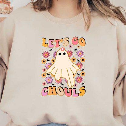 Celebrate Halloween with this playful design featuring a cute ghost surrounded by colorful stars and flowers that says, "Let's Go Chouls!" dtf prints