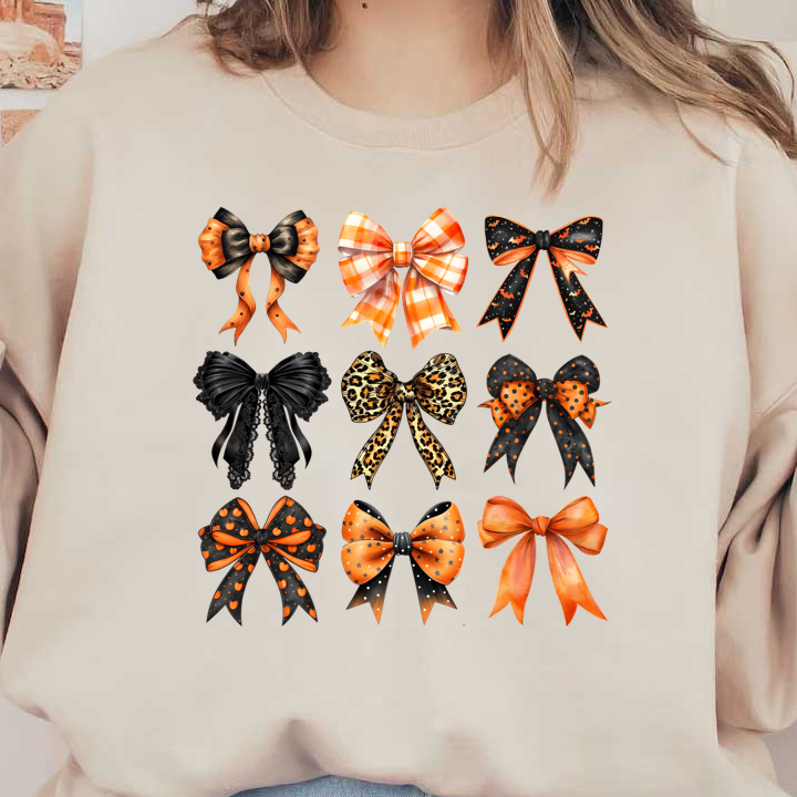 A vibrant collection of nine diverse bows featuring various colors, patterns, and textures, perfect for festive occasions. dtf prints