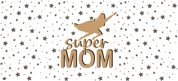 A cheerful illustration celebrating "Super Mom," featuring a flying figure with a starry background in warm gold tones.UV Transfers dtf prints