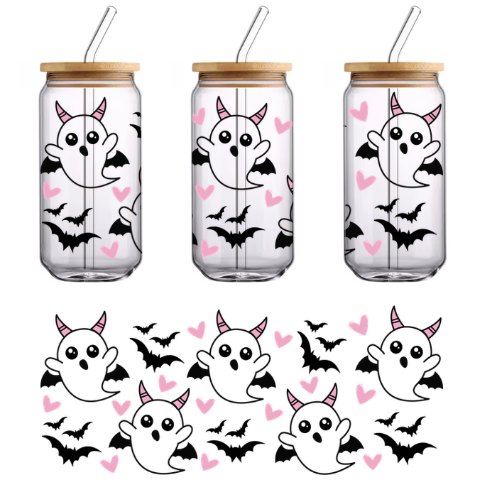 A playful design featuring cute black ghosts with pink horns and hearts, perfect for adding a whimsical touch!UV Transfers dtf transfers