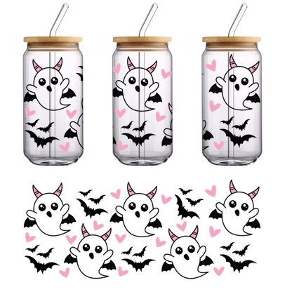 A playful design featuring adorable black ghost-like creatures with pink horns and hearts, perfect for Halloween or cute-themed decor.UV Transfers dtf prints