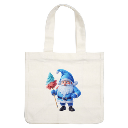 This cheerful, cartoon-style Santa is dressed in a blue outfit and holds a colorful, festive tree.DTF Transfers