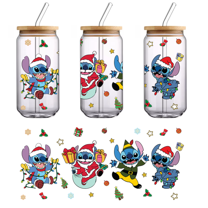 Celebrate the holidays with this festive illustration featuring Stitch in various cheerful Christmas outfits, surrounded by gifts and decorations!UV Transfers