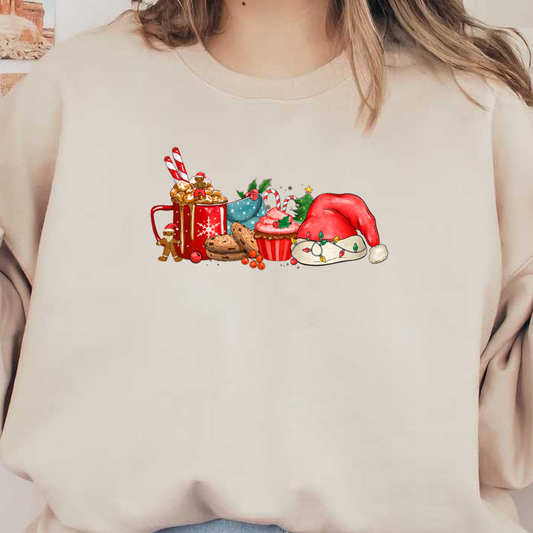 A festive assortment featuring a red mug with candy canes, cookies, a cupcake, a Santa hat, and holiday decorations. dtf prints