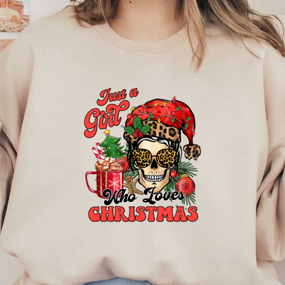 A festive design featuring a stylish skull in a Santa hat, celebrating a girl who loves Christmas with playful elements.dtf regular iron