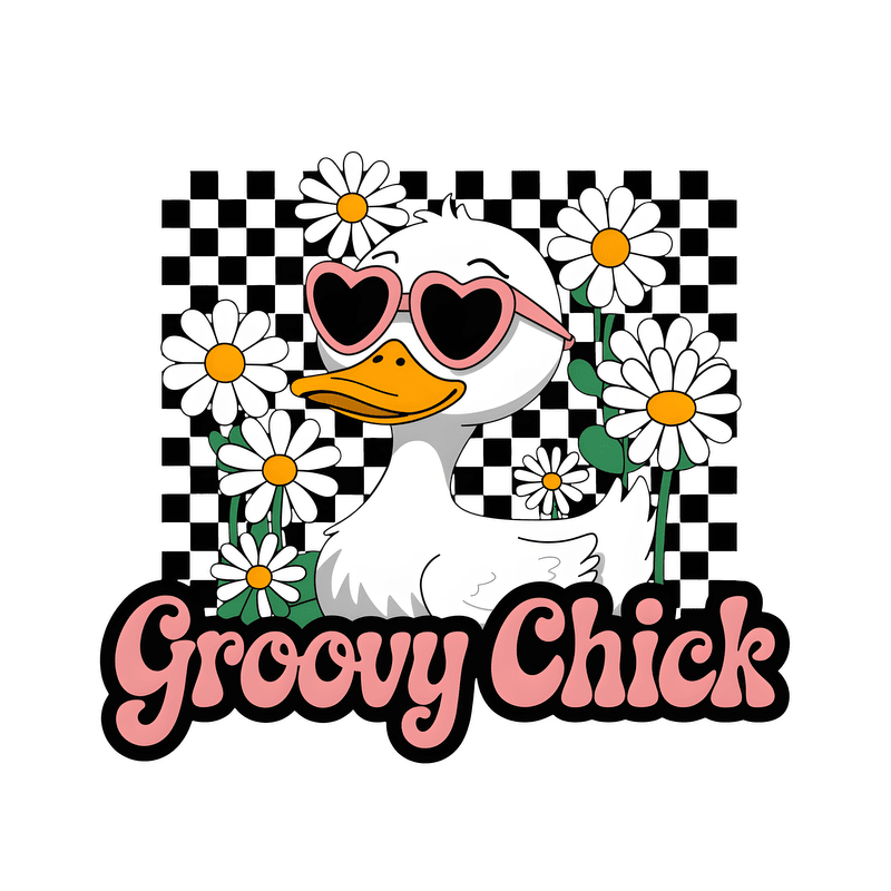 A cheerful cartoon duck wearing heart-shaped sunglasses surrounded by daisies, featuring the playful text "Groovy Chick."DTF Transfers