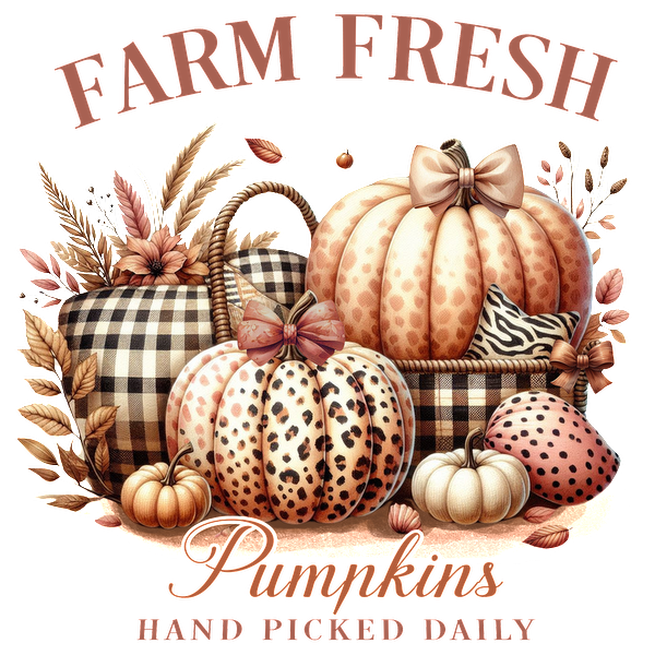 Charming autumn graphic featuring a variety of stylish pumpkins, adorned with bows and a cozy plaid basket, labeled "Farm Fresh." dtf transfers