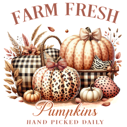 Charming autumn graphic featuring a variety of stylish pumpkins, adorned with bows and a cozy plaid basket, labeled "Farm Fresh." dtf transfers