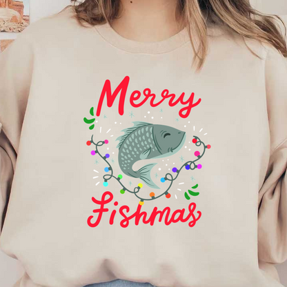 Celebrate the festive season with a playful "Merry Fishmas" design featuring a cheerful fish surrounded by colorful Christmas lights!DTF Transfers dtf transfers dtf prints