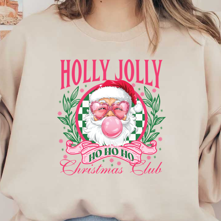 Celebrate the festive season with this cheerful "Holly Jolly Christmas Club" graphic featuring a playful Santa design and festive elements.DTF Transfers