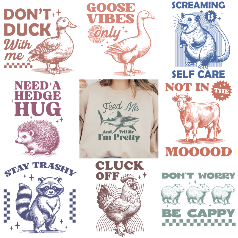 A collection of t-shirts with various colorful, bold typography designs.DTF Transfers